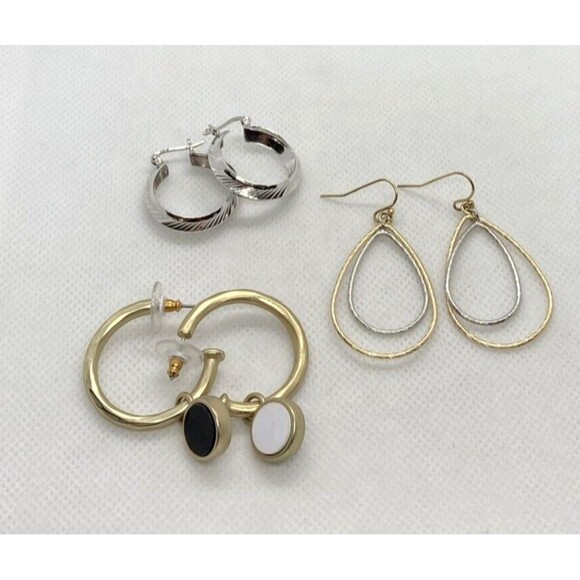 Vintage - Now Lot‎ of 3 Pairs Gold Tone Silver Tone Hoop Dangle Pierced Earrings - Picture 1 of 11